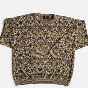 Vintage 90s tan multicolored patterned grandpa sweater